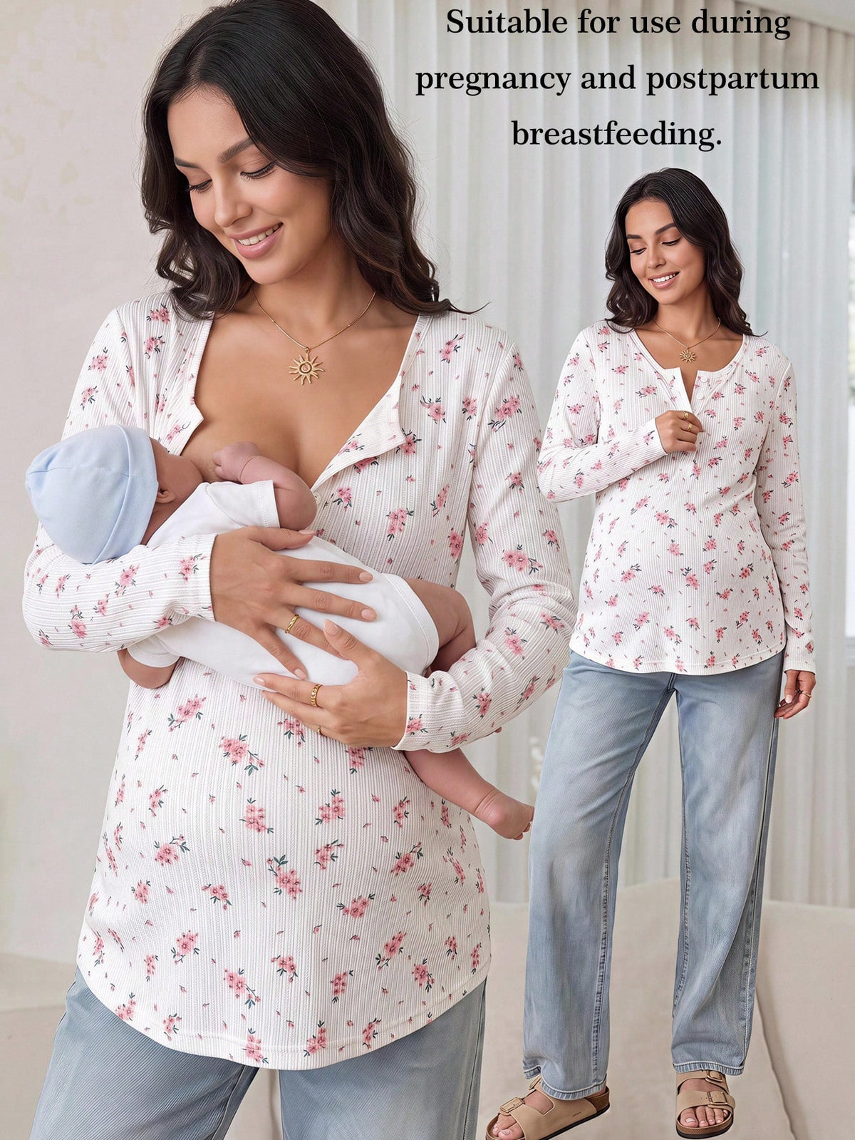 Maternity Ditsy Floral Button Half-Placket Long Sleeve Casual Nursing Top