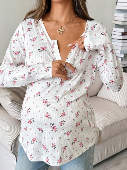 Maternity Ditsy Floral Button Half-Placket Long Sleeve Casual Nursing Top