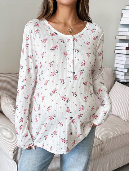 Maternity Ditsy Floral Button Half-Placket Long Sleeve Casual Nursing Top