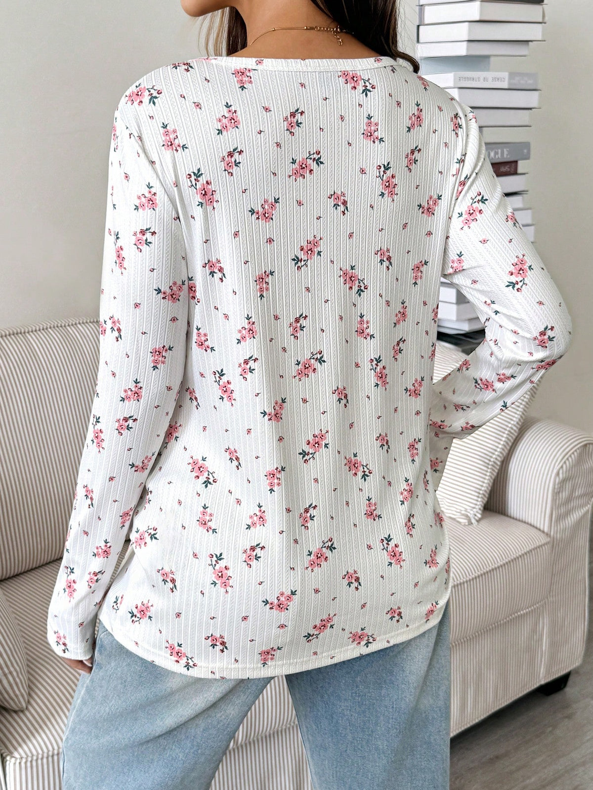 Maternity Ditsy Floral Button Half-Placket Long Sleeve Casual Nursing Top