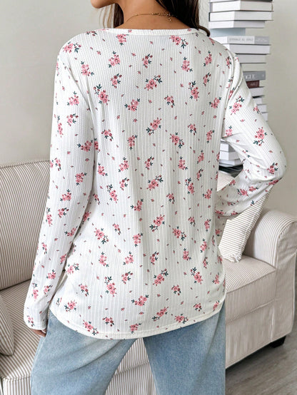 Maternity Ditsy Floral Button Half-Placket Long Sleeve Casual Nursing Top