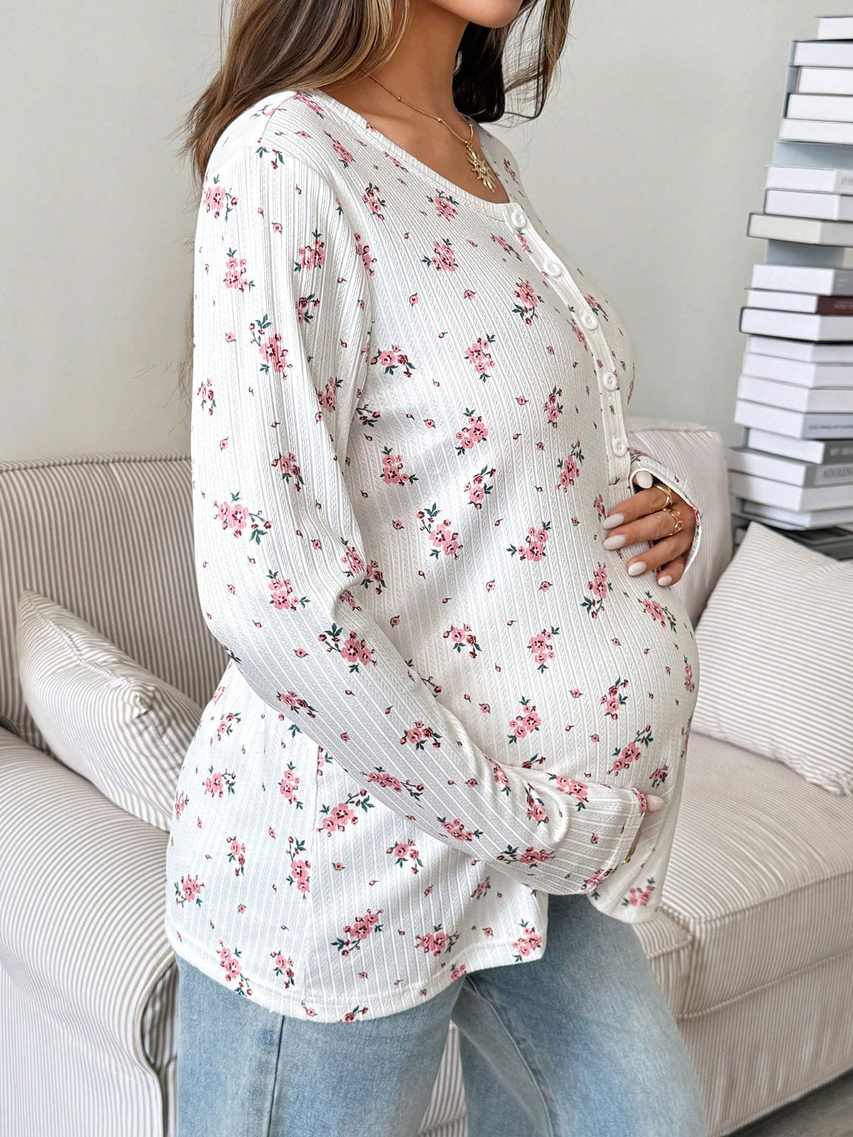Maternity Ditsy Floral Button Half-Placket Long Sleeve Casual Nursing Top
