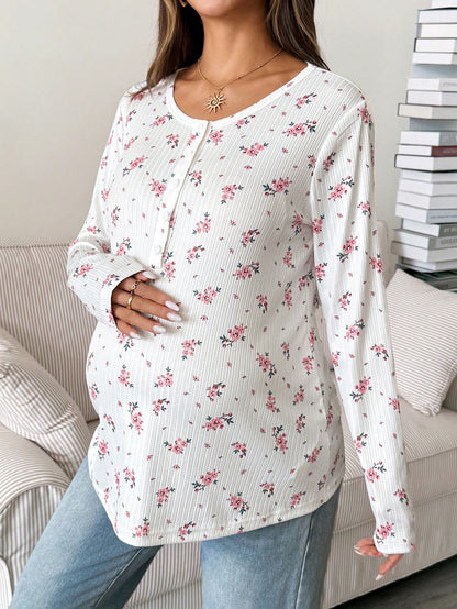 Maternity Ditsy Floral Button Half-Placket Long Sleeve Casual Nursing Top