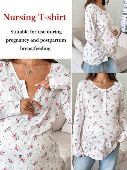 Maternity Ditsy Floral Button Half-Placket Long Sleeve Casual Nursing Top