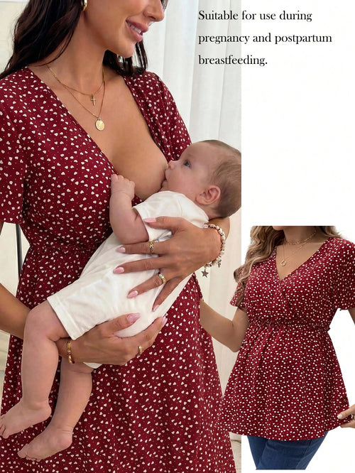 Maternity Nursing Clothes Floral Print V-Neck Shirt