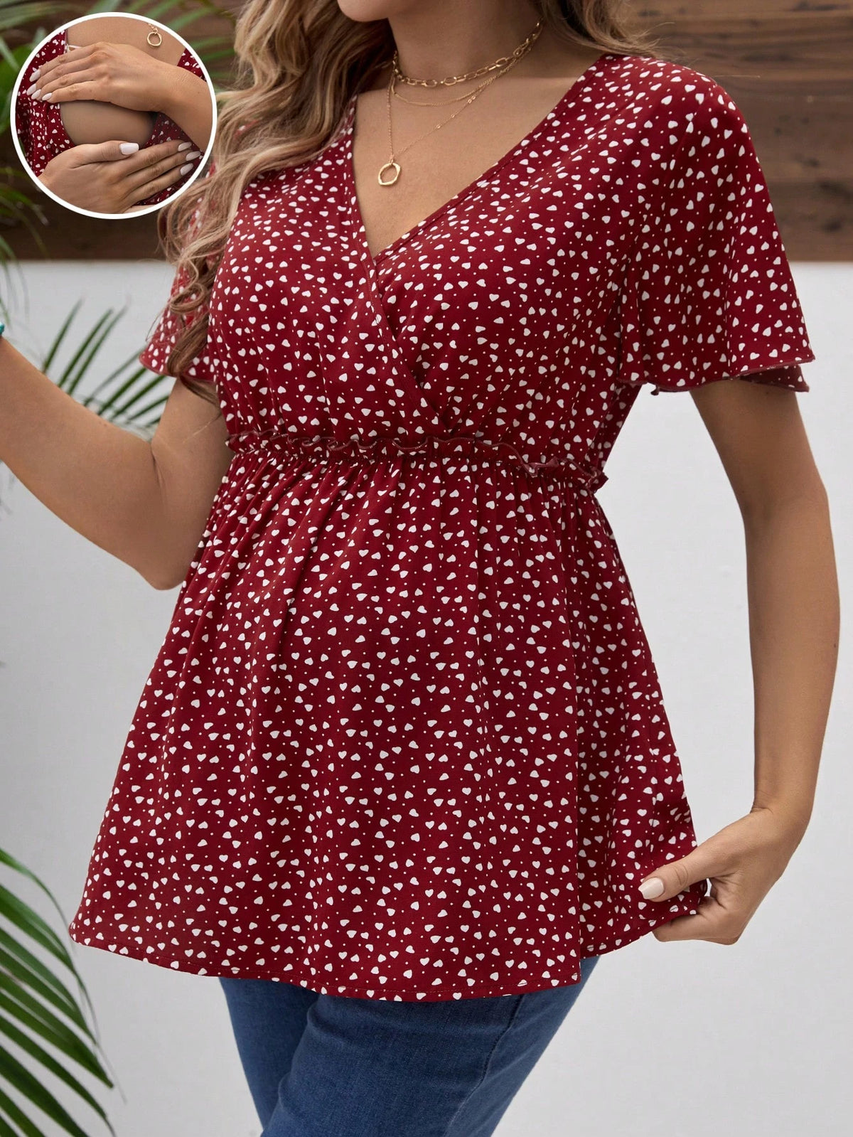 Maternity Nursing Clothes Floral Print V-Neck Shirt