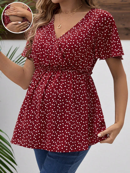 Maternity Nursing Clothes Floral Print V-Neck Shirt