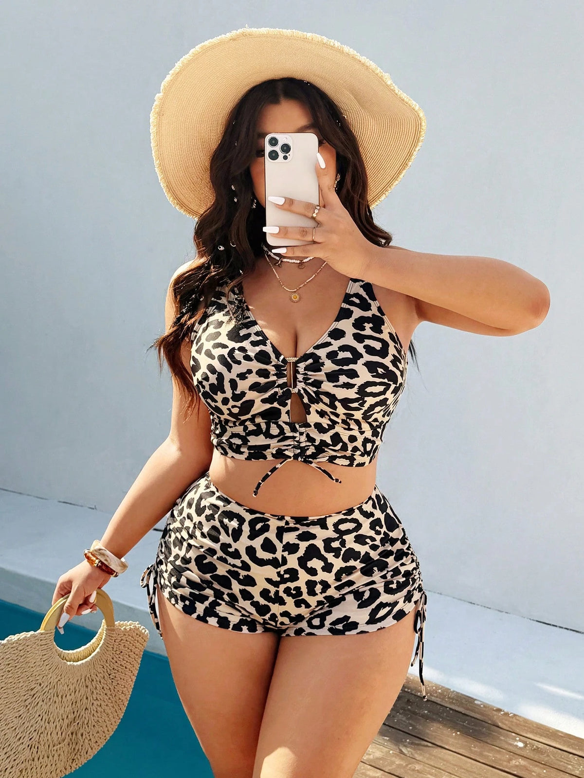 Maweii Plus Size Women 2pcs Leopard Print Camisole Top And Drawstring Waist Shorts Bikini Set