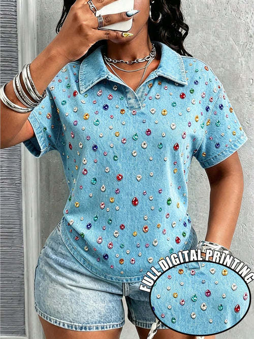 Maweii Women's Casual Lapel Jewelry Print Short Sleeve Top, Suitable For Commuting, Vacation And Daily Wear. Spring/Summer Wear, Casual Fashion Style, Perfect As A Gift For Friends And Family