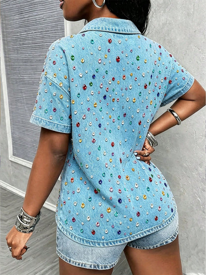 Maweii Women's Casual Lapel Jewelry Print Short Sleeve Top, Suitable For Commuting, Vacation And Daily Wear. Spring/Summer Wear, Casual Fashion Style, Perfect As A Gift For Friends And Family