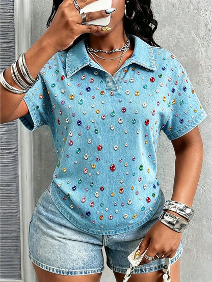 Maweii Women's Casual Lapel Jewelry Print Short Sleeve Top, Suitable For Commuting, Vacation And Daily Wear. Spring/Summer Wear, Casual Fashion Style, Perfect As A Gift For Friends And Family