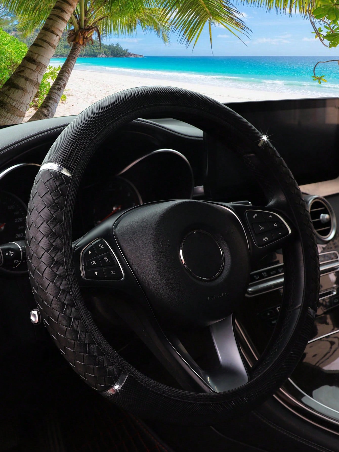 MEIKAXIU 1pc 3D Weaving PU Leather Metal Racing Style Steering Wheel Cover Without Inner Ring, Suitable For 14.5-15 Inch Car Interior Decoration