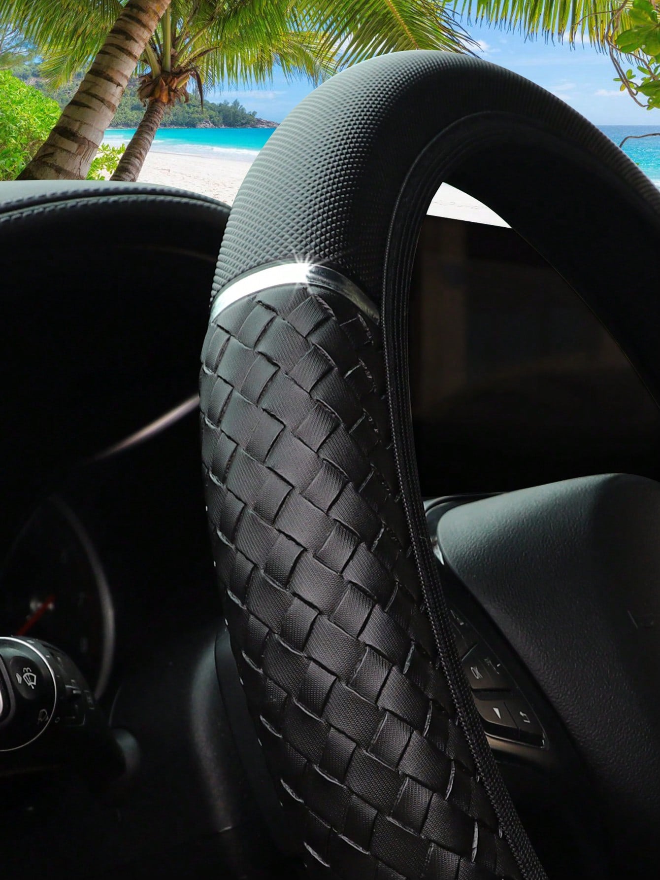 MEIKAXIU 1pc 3D Weaving PU Leather Metal Racing Style Steering Wheel Cover Without Inner Ring, Suitable For 14.5-15 Inch Car Interior Decoration