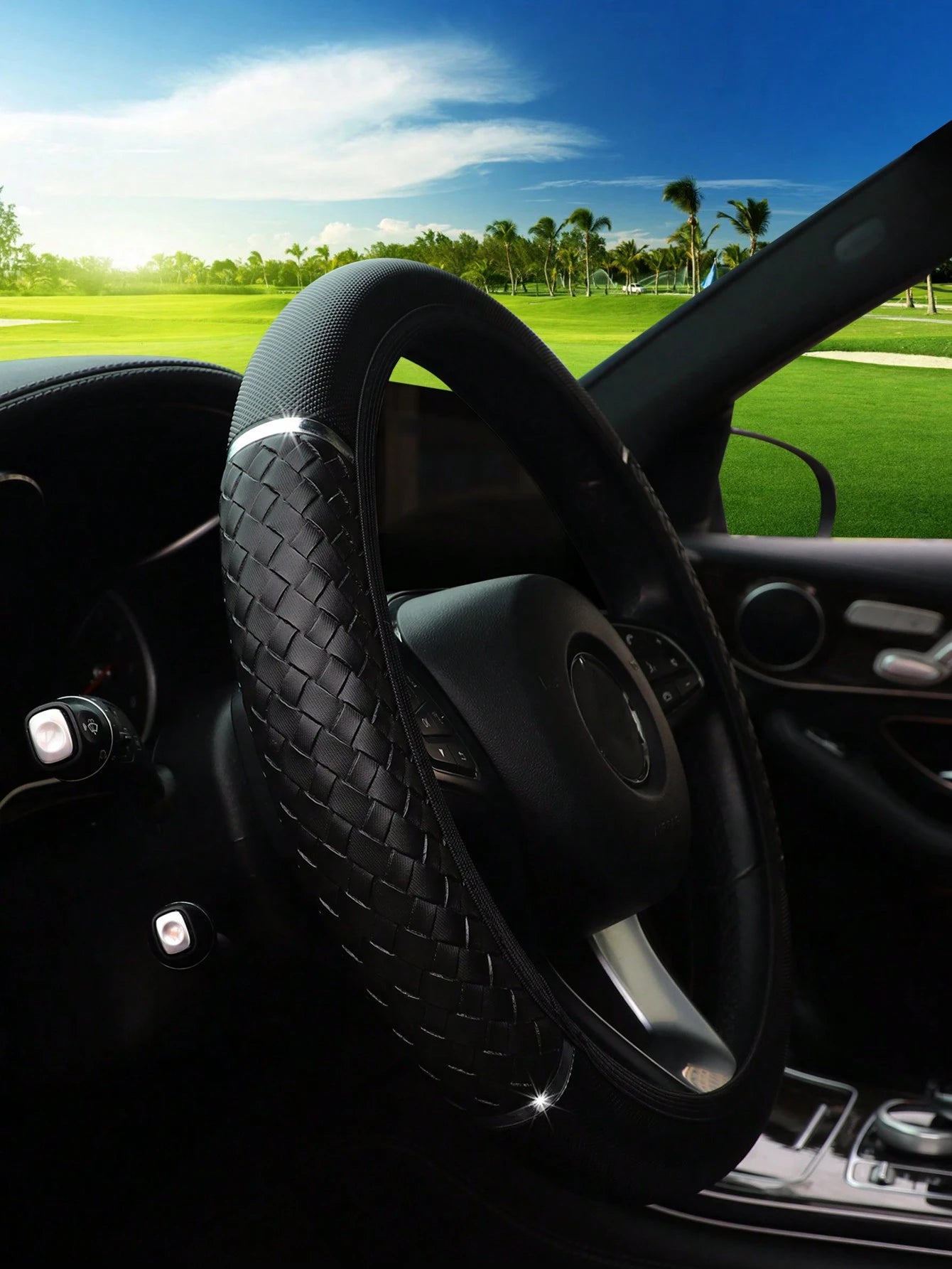 MEIKAXIU 1pc 3D Weaving PU Leather Metal Racing Style Steering Wheel Cover Without Inner Ring, Suitable For 14.5-15 Inch Car Interior Decoration