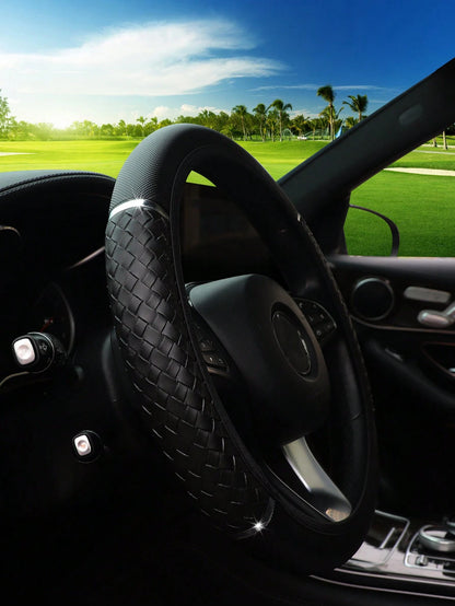 MEIKAXIU 1pc 3D Weaving PU Leather Metal Racing Style Steering Wheel Cover Without Inner Ring, Suitable For 14.5-15 Inch Car Interior Decoration