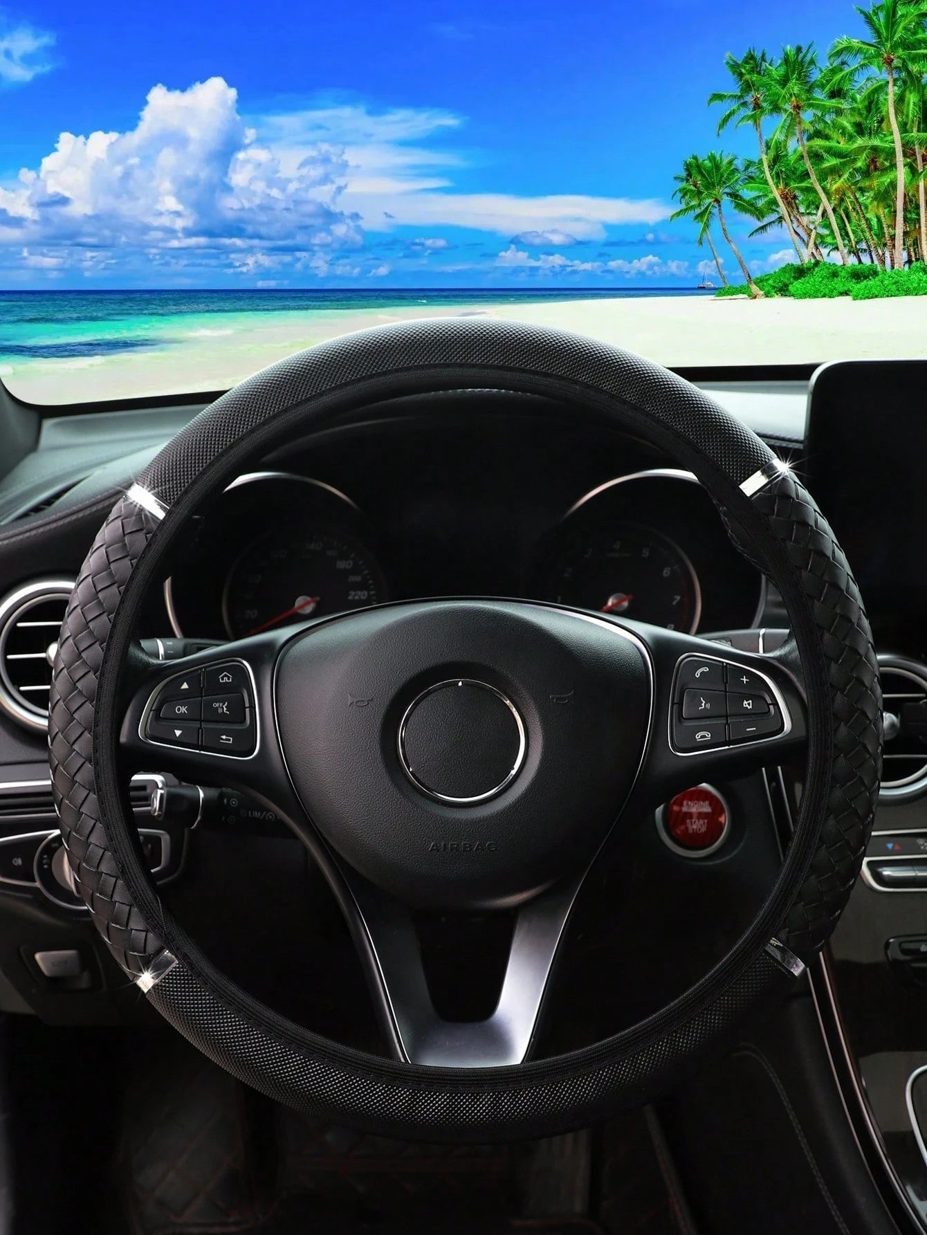 MEIKAXIU 1pc 3D Weaving PU Leather Metal Racing Style Steering Wheel Cover Without Inner Ring, Suitable For 14.5-15 Inch Car Interior Decoration