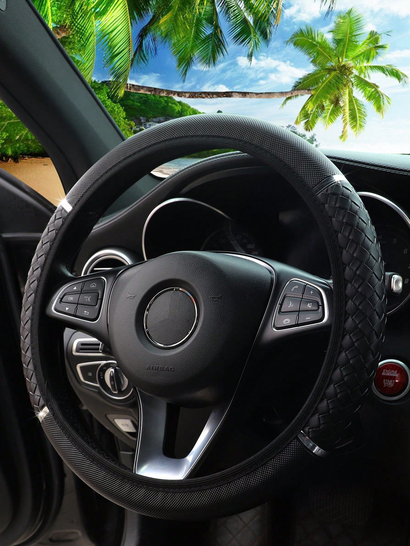 MEIKAXIU 1pc 3D Weaving PU Leather Metal Racing Style Steering Wheel Cover Without Inner Ring, Suitable For 14.5-15 Inch Car Interior Decoration