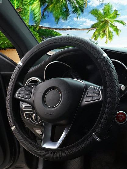 MEIKAXIU 1pc 3D Weaving PU Leather Metal Racing Style Steering Wheel Cover Without Inner Ring, Suitable For 14.5-15 Inch Car Interior Decoration