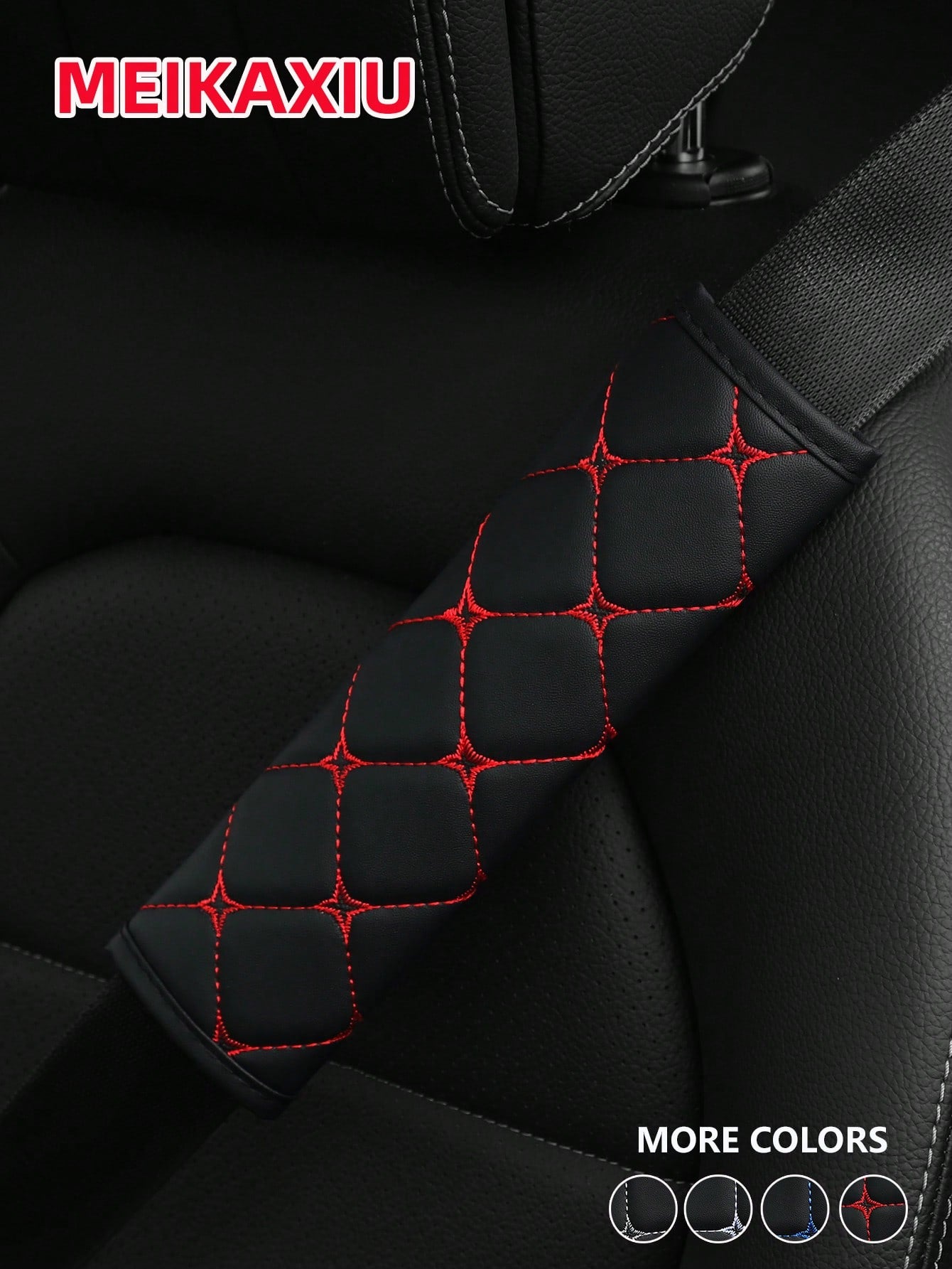 MEIKAXIU 1pc PU Leather Plaid Embroidered Car Belt Cover, Comfortable Seat Belt Shoulder Pad, Universal For Car, Truck, SUV, 4 Seasons Use For Men And Women,Car Accessories