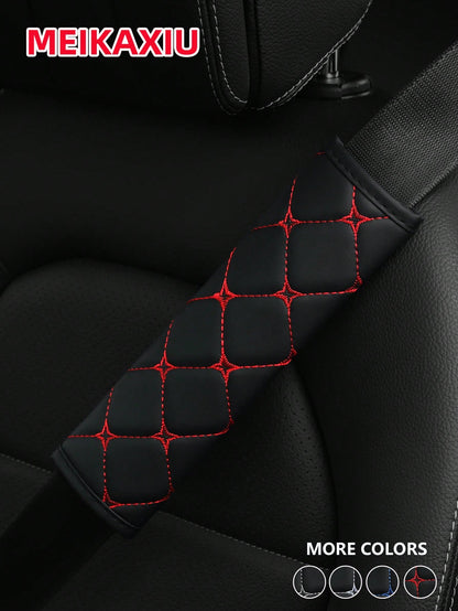 MEIKAXIU 1pc PU Leather Plaid Embroidered Car Belt Cover, Comfortable Seat Belt Shoulder Pad, Universal For Car, Truck, SUV, 4 Seasons Use For Men And Women,Car Accessories