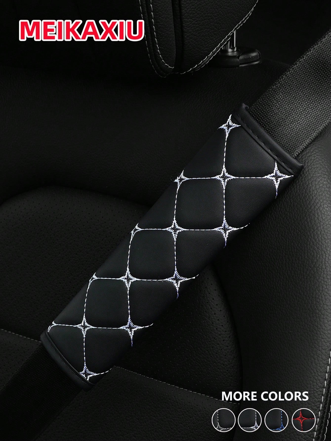 MEIKAXIU 1pc PU Leather Plaid Embroidered Car Belt Cover, Comfortable Seat Belt Shoulder Pad, Universal For Car, Truck, SUV, 4 Seasons Use For Men And Women,Car Accessories