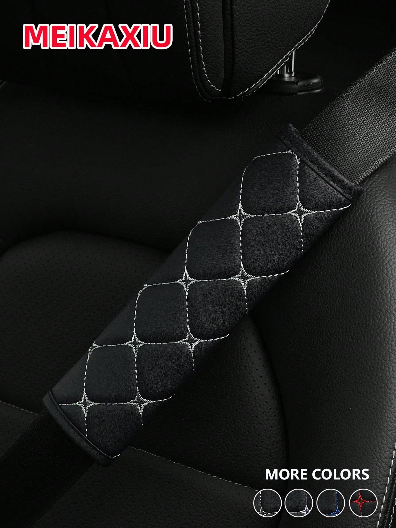 MEIKAXIU 1pc PU Leather Plaid Embroidered Car Belt Cover, Comfortable Seat Belt Shoulder Pad, Universal For Car, Truck, SUV, 4 Seasons Use For Men And Women,Car Accessories