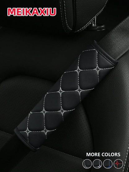 MEIKAXIU 1pc PU Leather Plaid Embroidered Car Belt Cover, Comfortable Seat Belt Shoulder Pad, Universal For Car, Truck, SUV, 4 Seasons Use For Men And Women,Car Accessories