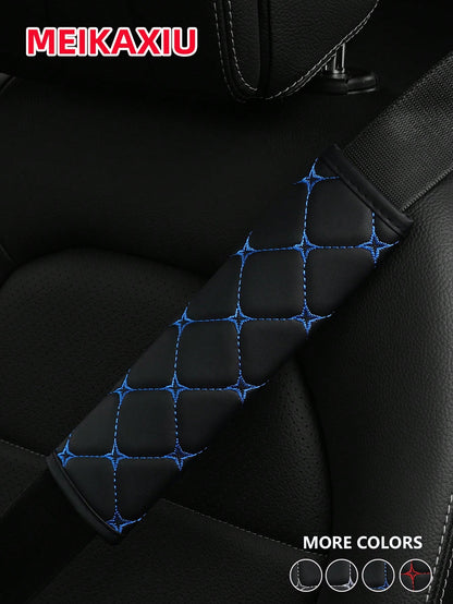 MEIKAXIU 1pc PU Leather Plaid Embroidered Car Belt Cover, Comfortable Seat Belt Shoulder Pad, Universal For Car, Truck, SUV, 4 Seasons Use For Men And Women,Car Accessories