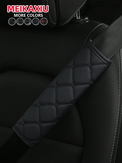 MEIKAXIU 1pc PU Leather Plaid Embroidered Car Belt Cover, Comfortable Seat Belt Shoulder Pad, Universal For Car, Truck, SUV, 4 Seasons Use For Men And Women,Car Accessories