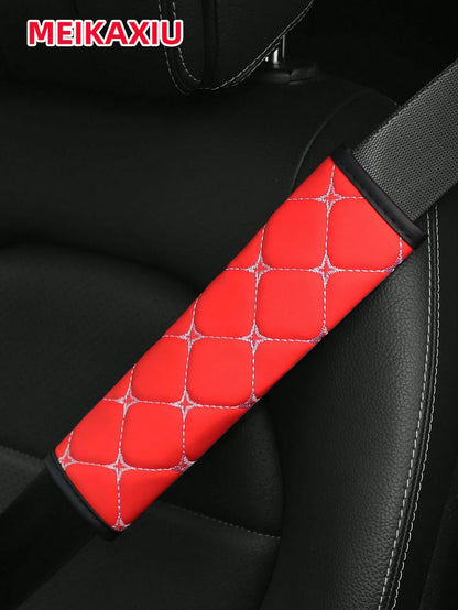 MEIKAXIU 1pc PU Leather Plaid Embroidered Car Belt Cover, Comfortable Seat Belt Shoulder Pad, Universal For Car, Truck, SUV, 4 Seasons Use For Men And Women,Car Accessories