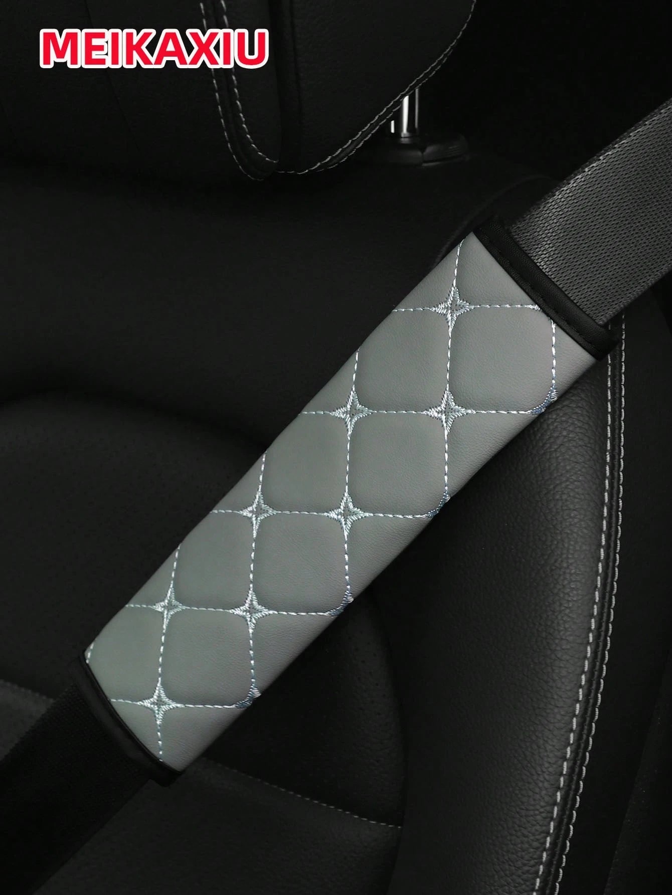 MEIKAXIU 1pc PU Leather Plaid Embroidered Car Belt Cover, Comfortable Seat Belt Shoulder Pad, Universal For Car, Truck, SUV, 4 Seasons Use For Men And Women,Car Accessories