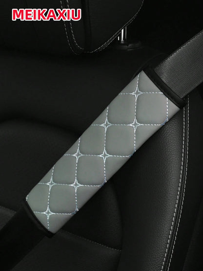 MEIKAXIU 1pc PU Leather Plaid Embroidered Car Belt Cover, Comfortable Seat Belt Shoulder Pad, Universal For Car, Truck, SUV, 4 Seasons Use For Men And Women,Car Accessories