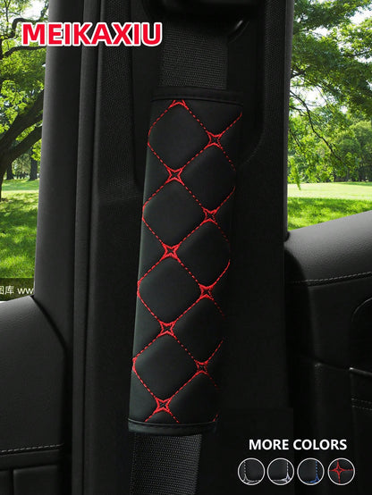 MEIKAXIU 1pc PU Leather Plaid Embroidered Car Belt Cover, Comfortable Seat Belt Shoulder Pad, Universal For Car, Truck, SUV, 4 Seasons Use For Men And Women,Car Accessories
