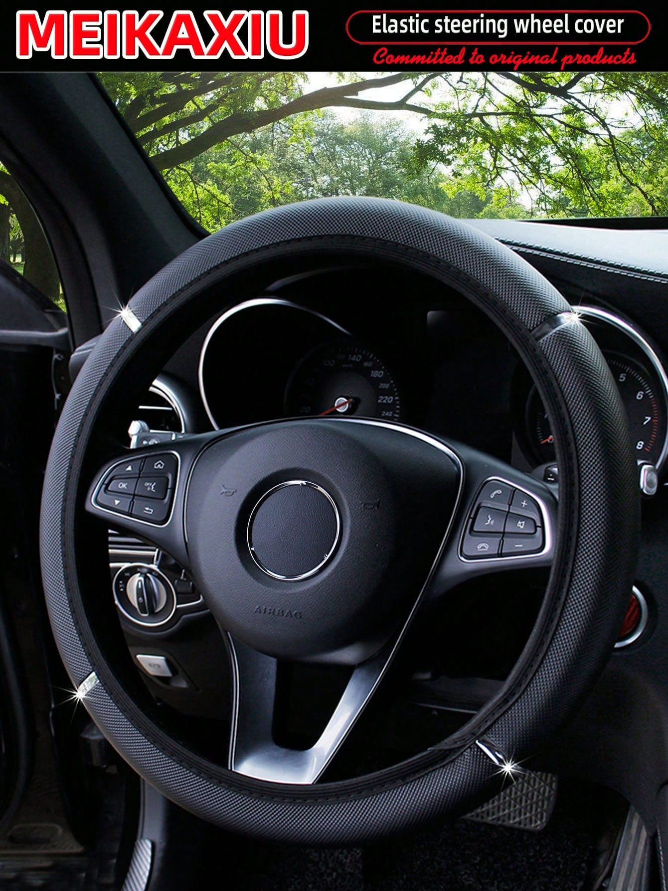 MEIKAXIU 1pc Shiny Metallic PU Leather Steering Wheel Cover, Fits 14.5-15 Inch Car Accessories