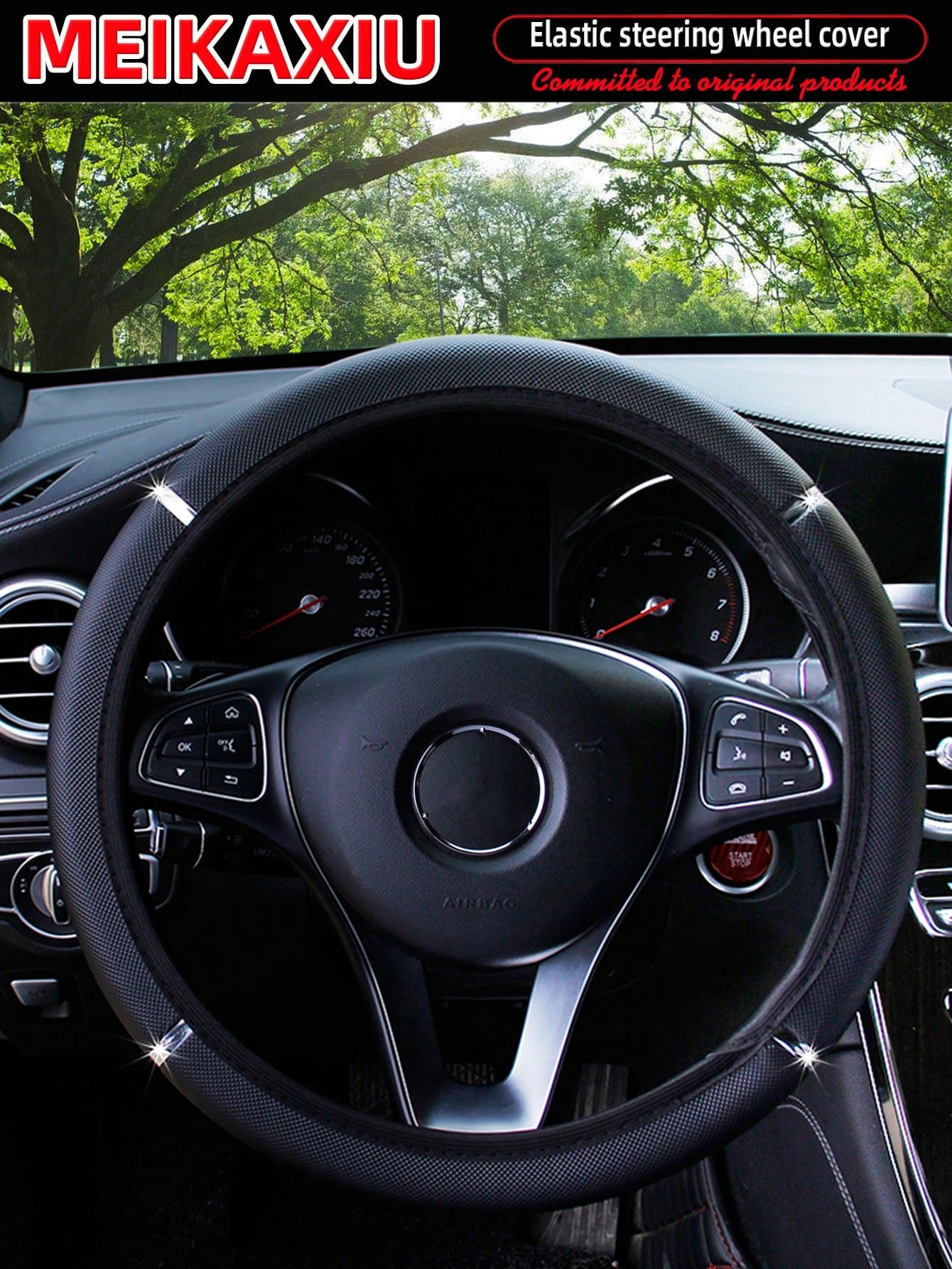 MEIKAXIU 1pc Shiny Metallic PU Leather Steering Wheel Cover, Fits 14.5-15 Inch Car Accessories
