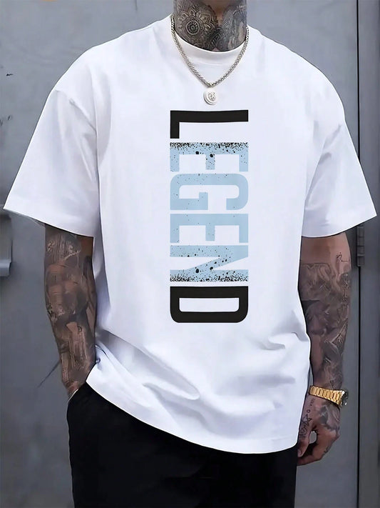 Men's Casual LEGEND Print Crew Neck Short Sleeve T-Shirt- Black With Blue Lettering, Lightweight Polyester Blend
