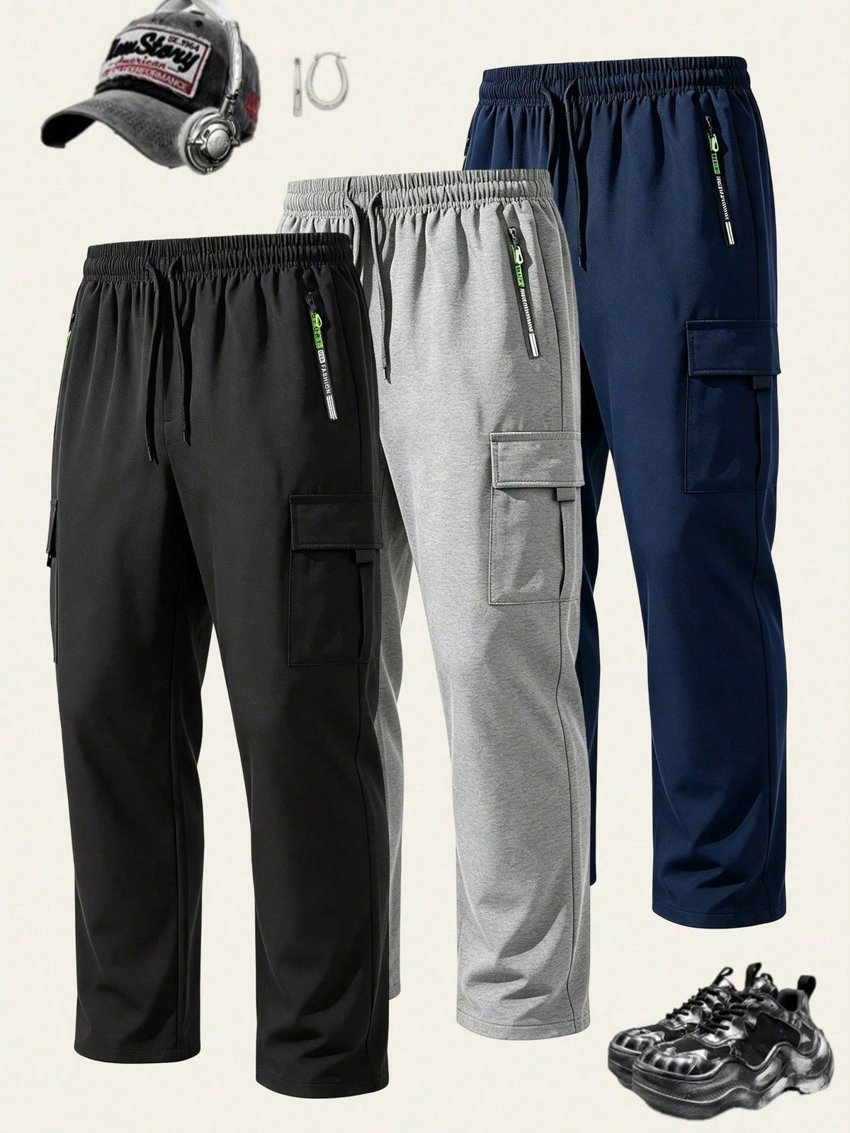 Men's Casual Loose Cargo Joggers, Black Elastic Waist Drawstring Streetwear Pants With Cargo Pockets Sports