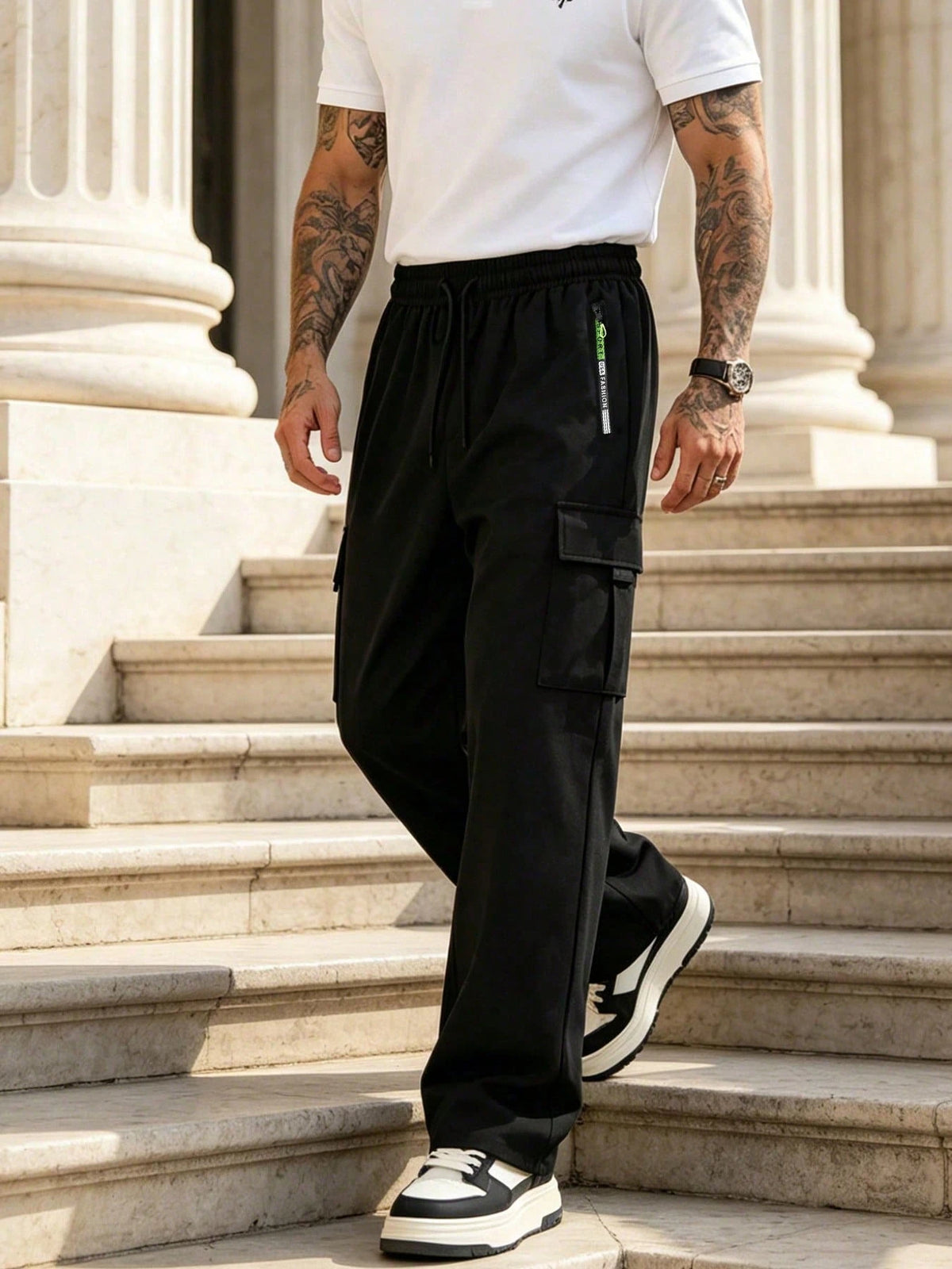 Men's Casual Loose Cargo Joggers, Black Elastic Waist Drawstring Streetwear Pants With Cargo Pockets Sports