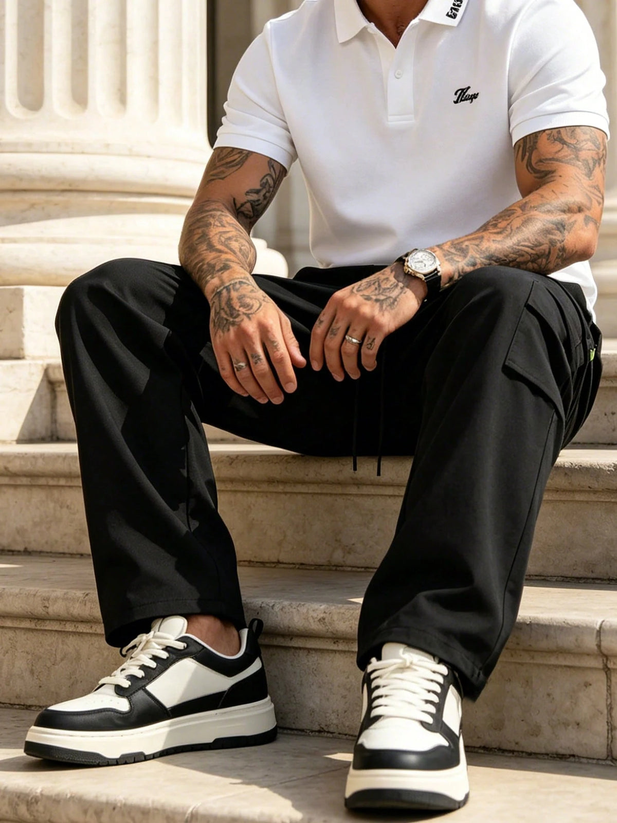 Men's Casual Loose Cargo Joggers, Black Elastic Waist Drawstring Streetwear Pants With Cargo Pockets Sports