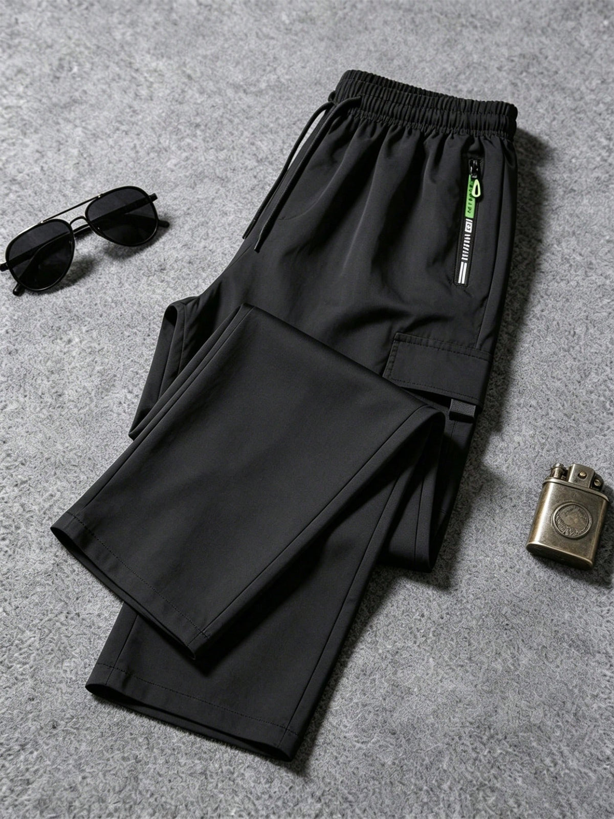 Men's Casual Loose Cargo Joggers, Black Elastic Waist Drawstring Streetwear Pants With Cargo Pockets Sports