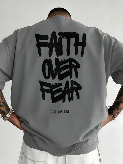 Men's Cotton Oversized Graphic Tee With Bold"Faith Over Fear"Print, Classic Crew Neck & Loose Y2K Hip-Hop Streetwear Fit.Versatile Casual Daily Top