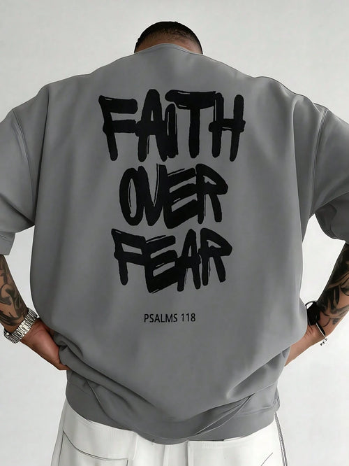 Men's Cotton Oversized Graphic Tee With Bold"Faith Over Fear"Print, Classic Crew Neck & Loose Y2K Hip-Hop Streetwear Fit.Versatile Casual Daily Top
