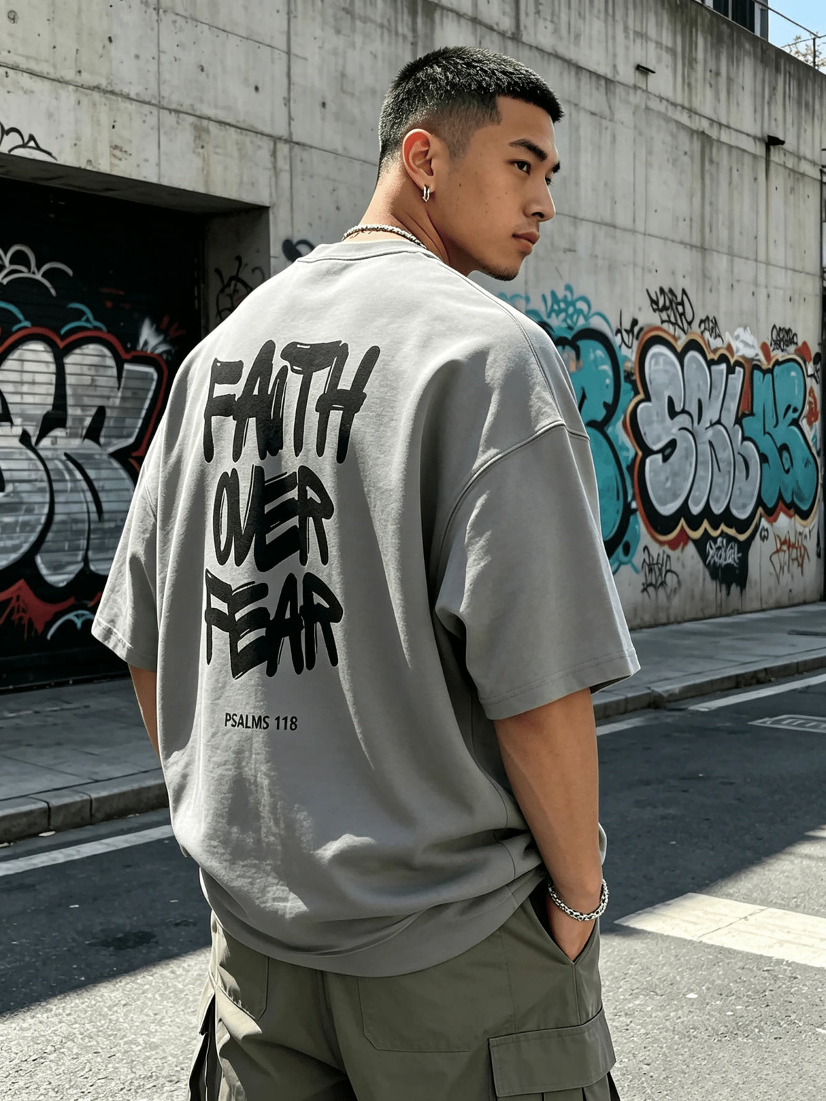 Men's Cotton Oversized Graphic Tee With Bold"Faith Over Fear"Print, Classic Crew Neck & Loose Y2K Hip-Hop Streetwear Fit.Versatile Casual Daily Top