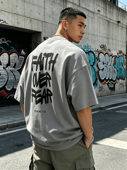 Men's Cotton Oversized Graphic Tee With Bold"Faith Over Fear"Print, Classic Crew Neck & Loose Y2K Hip-Hop Streetwear Fit.Versatile Casual Daily Top