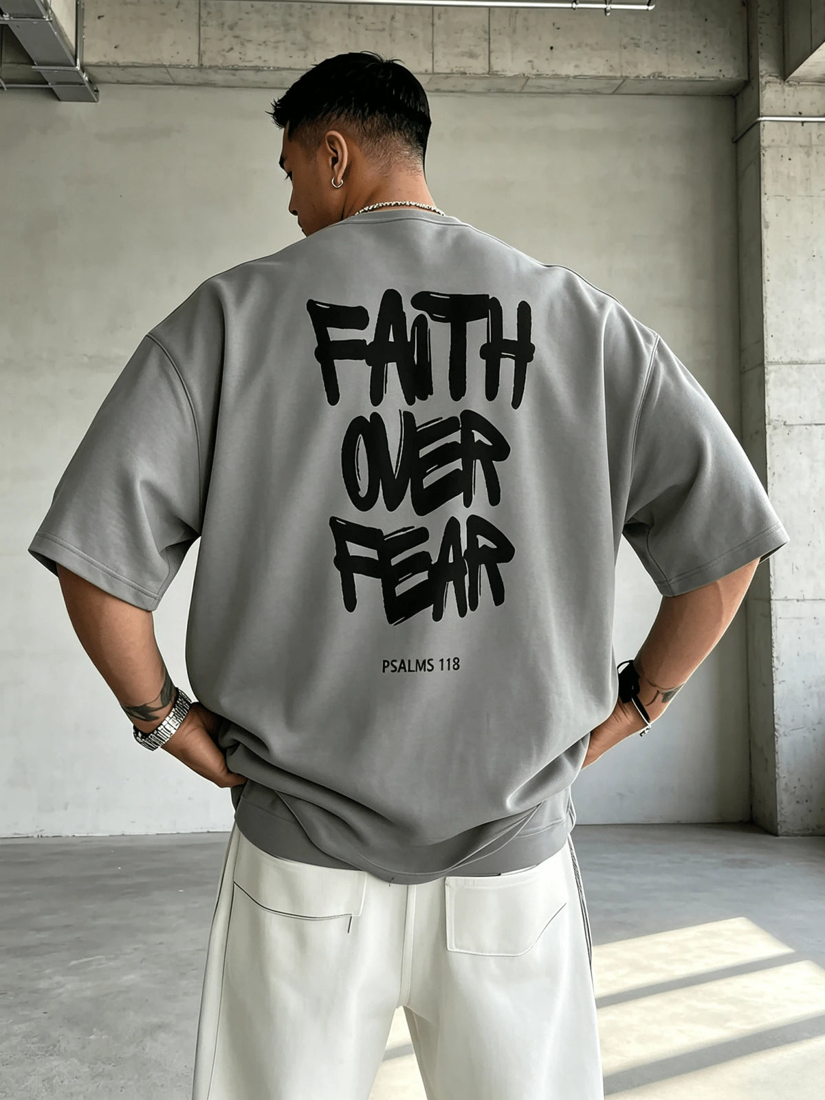 Men's Cotton Oversized Graphic Tee With Bold"Faith Over Fear"Print, Classic Crew Neck & Loose Y2K Hip-Hop Streetwear Fit.Versatile Casual Daily Top