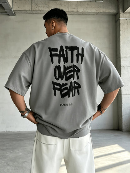 Men's Cotton Oversized Graphic Tee With Bold"Faith Over Fear"Print, Classic Crew Neck & Loose Y2K Hip-Hop Streetwear Fit.Versatile Casual Daily Top