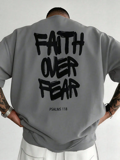Men's Cotton Oversized Graphic Tee With Bold"Faith Over Fear"Print, Classic Crew Neck & Loose Y2K Hip-Hop Streetwear Fit.Versatile Casual Daily Top