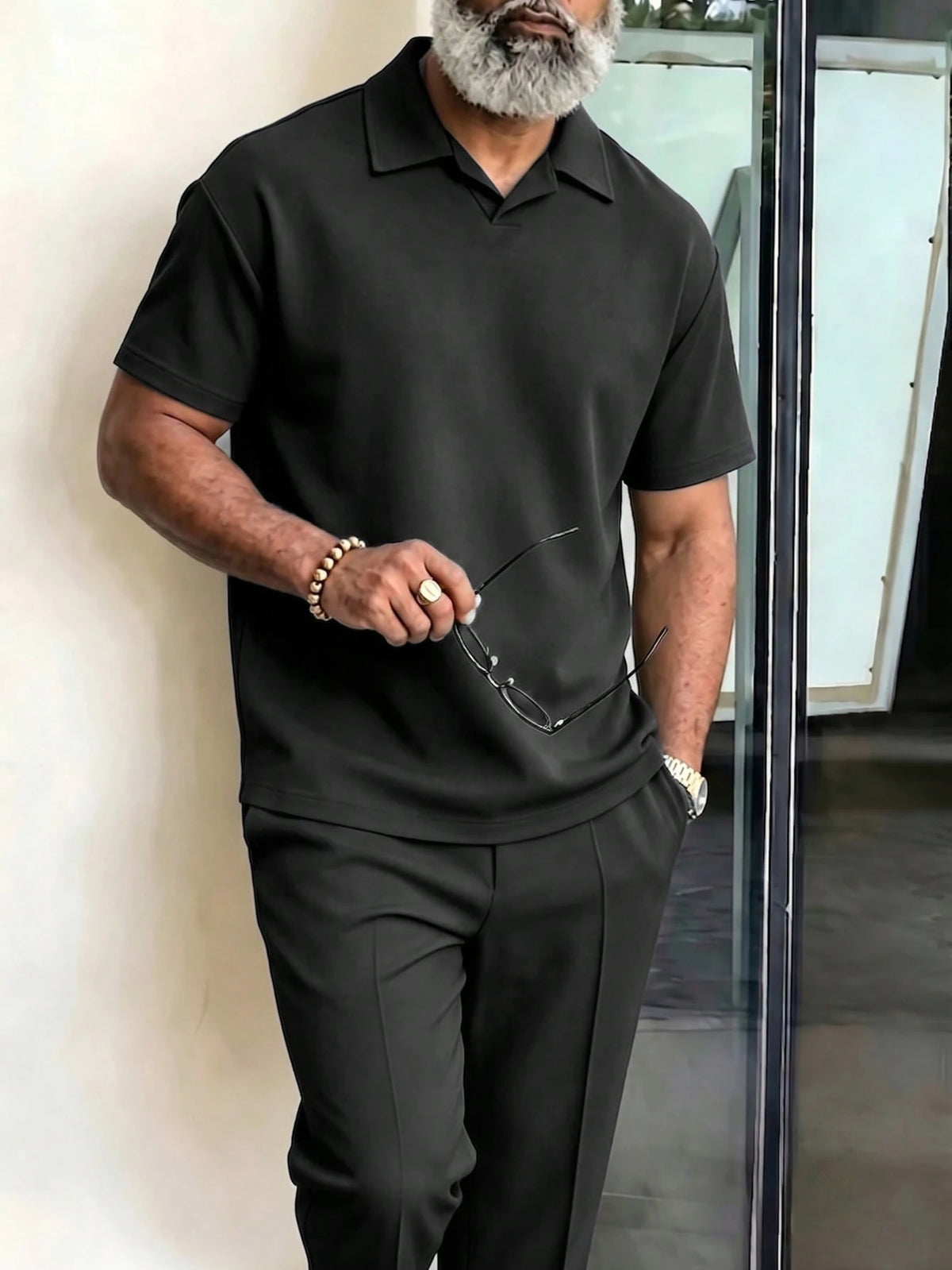 Men's Plus Size 2-Piece Set, Autumn Short Sleeve Top & Pants, Men's Plus Size Solid Color T-Shirt Set