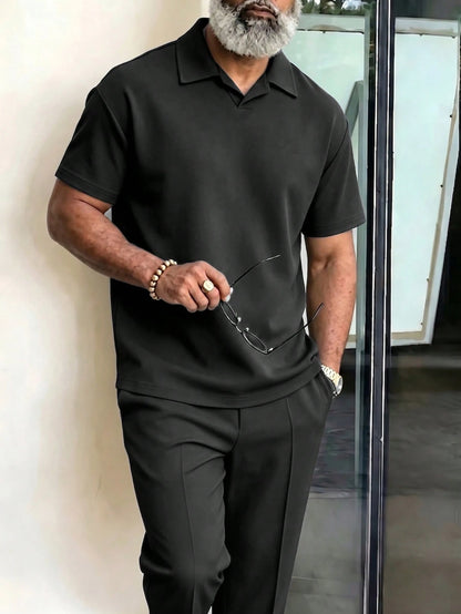 Men's Plus Size 2-Piece Set, Autumn Short Sleeve Top & Pants, Men's Plus Size Solid Color T-Shirt Set