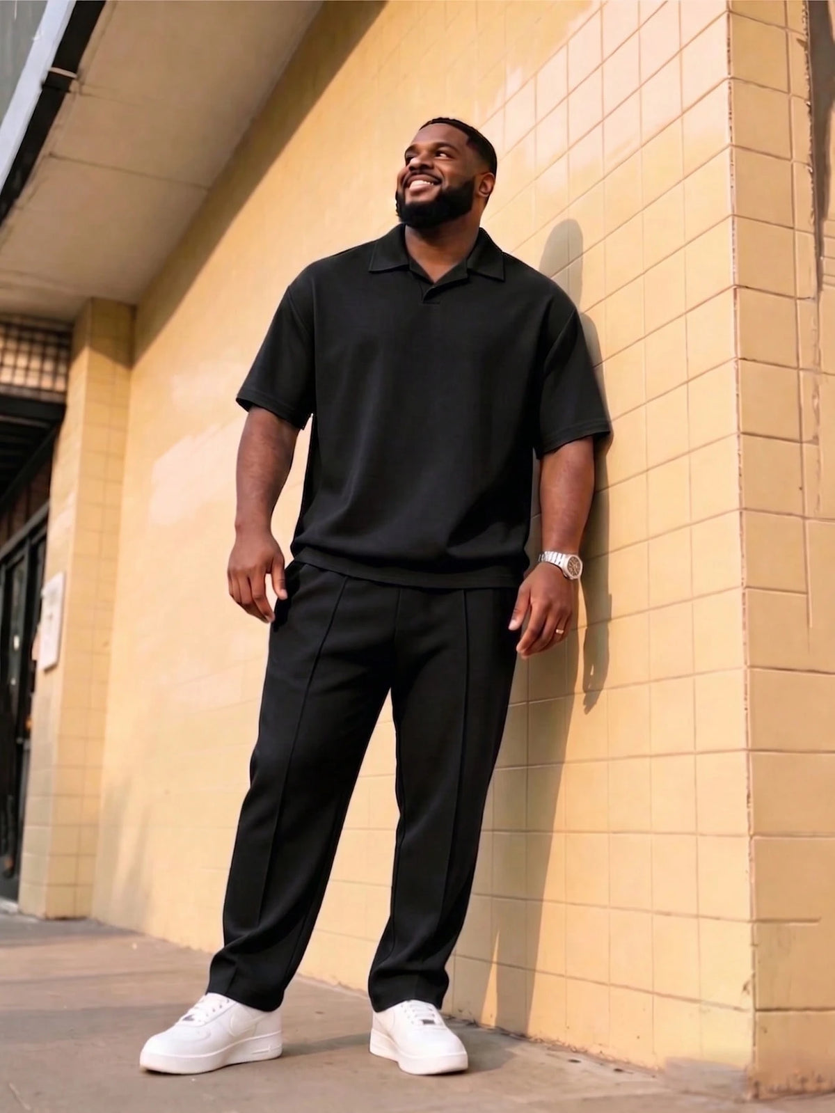 Men's Plus Size 2-Piece Set, Autumn Short Sleeve Top & Pants, Men's Plus Size Solid Color T-Shirt Set